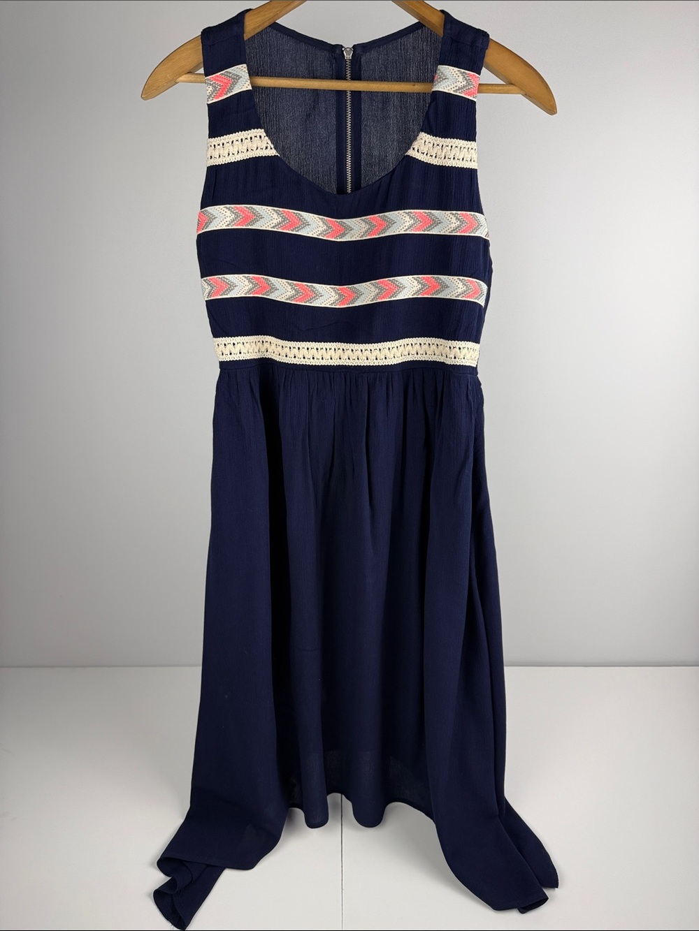 paper doll Navy Dress with Cream Lace Trim